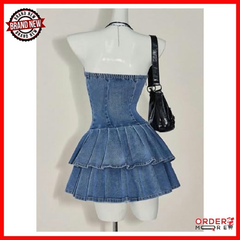 Strapless Mini Denim Dress with Ruffle Layers, A-Line Fit - Picture 3 of 6